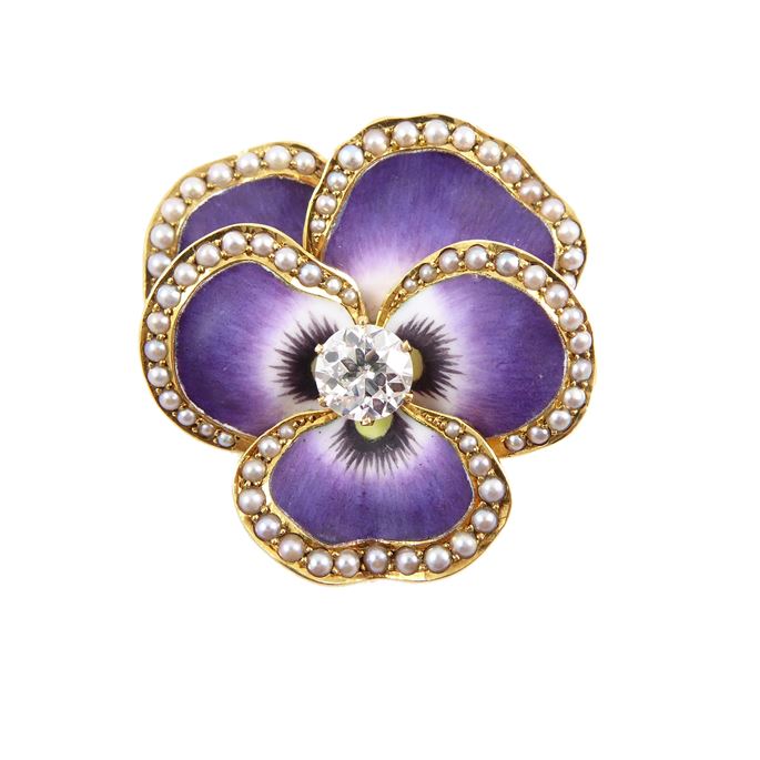 Antique diamond, pearl and purple enamel pansy brooch pendant | MasterArt